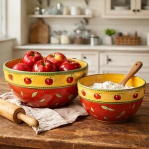 Foreside 1990s Set Of 2 Handpainted Ceramic Apple Farmhouse Mixing Bowls